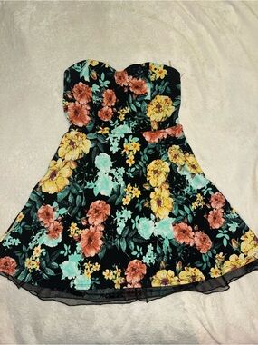 Charlotte Russe Black Strapless Floral Dress with Yellow & Teal Accents